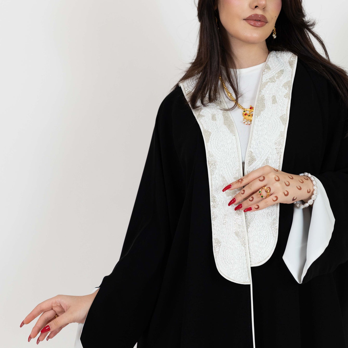 Black Abaya With White Embellishments On Top Front