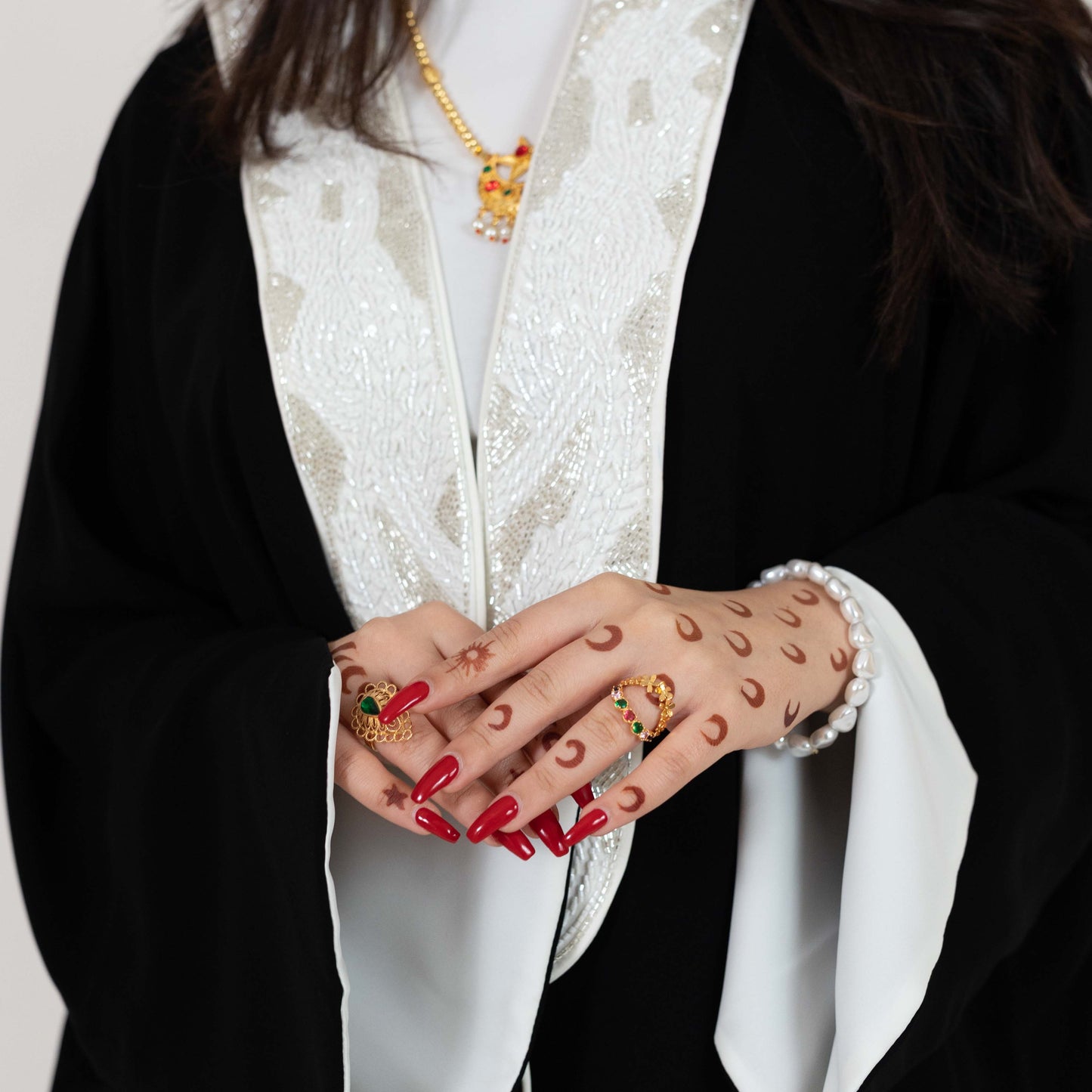 Black Abaya With White Embellishments On Top Front