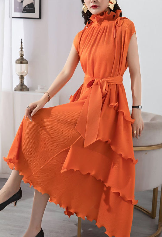 Ruffles orange dress with belt - 1