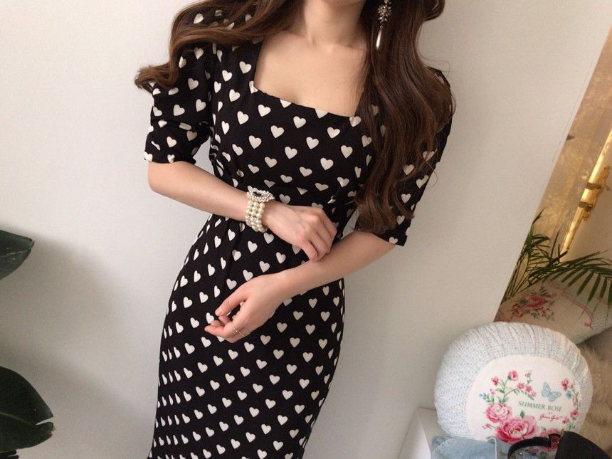 Black dress with white heart pattern - 1