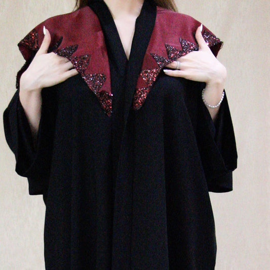 Black abaya with Maroon shoulder design
