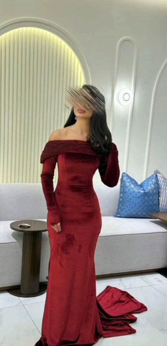 فستان مخمل عنابي - 1