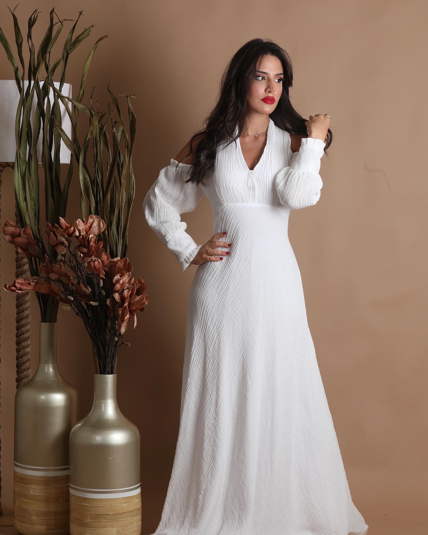 White maxi dress with open shoulders